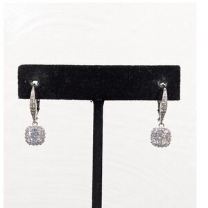 IBB CZ Halo Drop Earrings Round Solitaire Cubic Zirconia Leverback Silver Tone